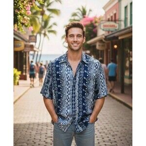 Summa Pure Silk Hawaiian Shirt Mens Navy Blue White Geometric Tribal Aloha L